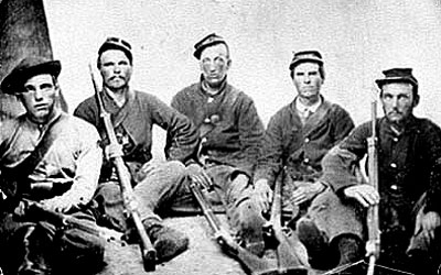 Portrait of Pvt. William T. Carter (white shirt on right) and group of 3rd Maryland Infantry